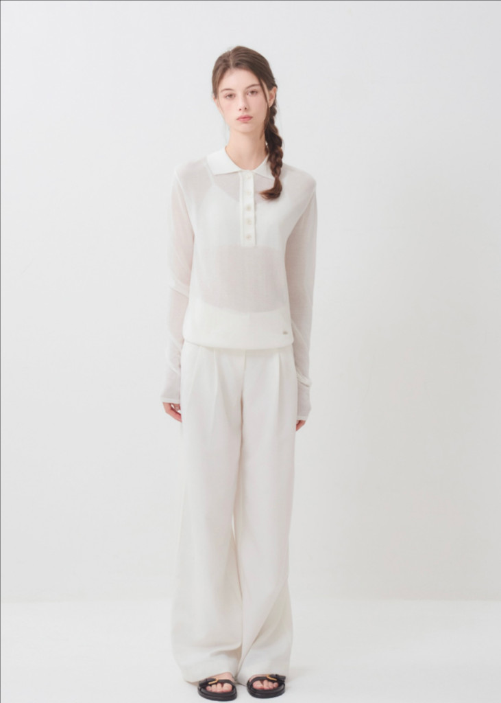 에브모우 쉬어 롱슬리브 폴로 니트 아이보리 새상품--2