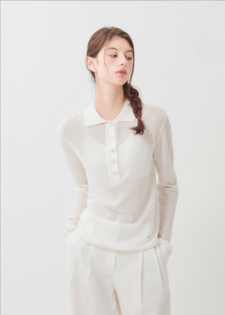 에브모우 쉬어 롱슬리브 폴로 니트 아이보리 새상품--3