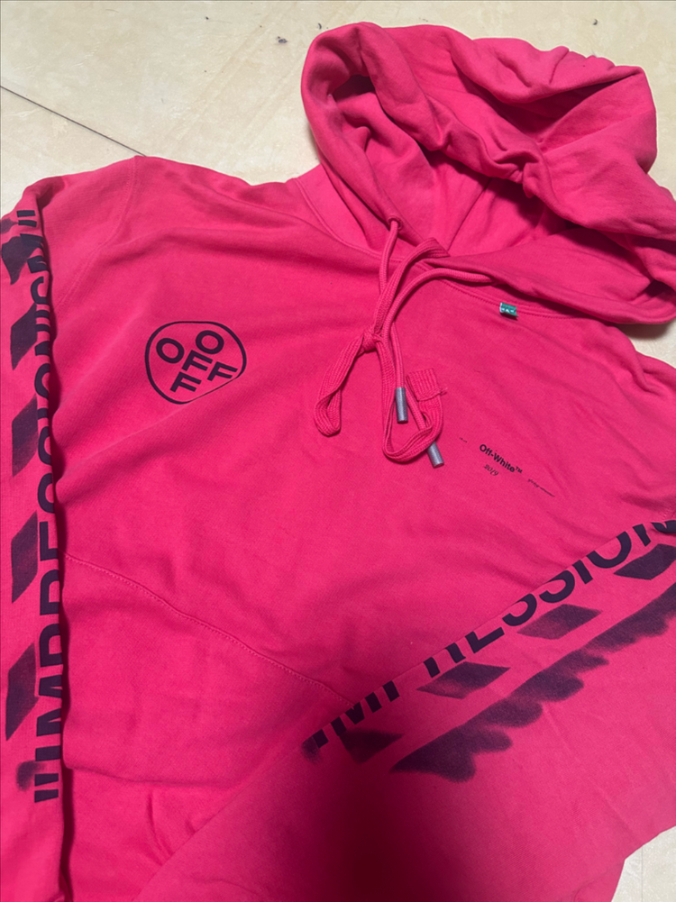 OFF WHITE 오프화이트 레드 오버핏 100L 후드 티셔츠--1