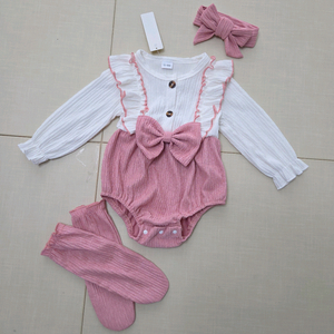 (새상품)돌아기 여아 프릴 바디수트 양말 헤어밴드세트 80-90호