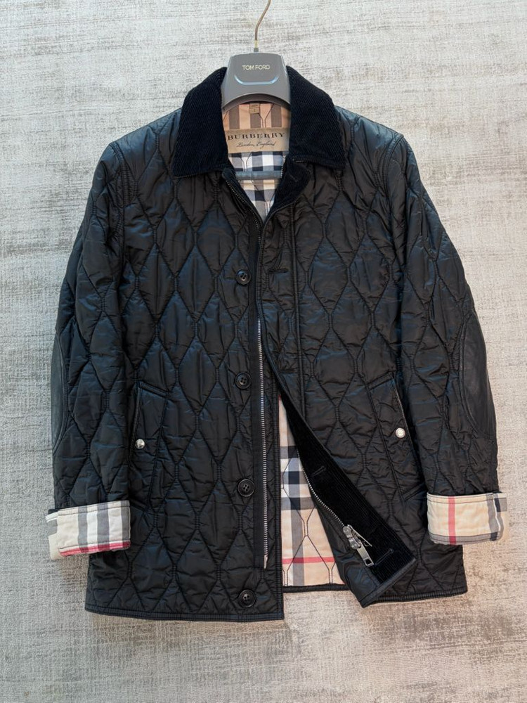 버버리 코듀로이 카라 리얼 레더 패치 퀼팅 자켓 블랙--1