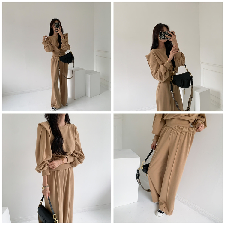 [새상품] 가을 나비 퍼프 소매 맨투맨 와이드 팬츠 트레이닝 세트--1