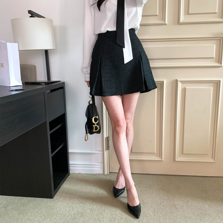 [새상품] 트위드 주름 핀턱 미니 스커트(블랙/옐로우)--1