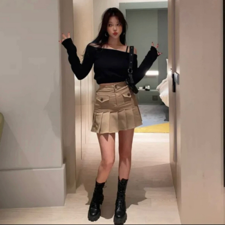 베이지 포켓 테니스 미니 스커트--1