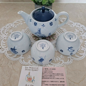 (미사용)야마카 피터 래빗 블루 티 세트 (티팟 + 찻잔 3인조)