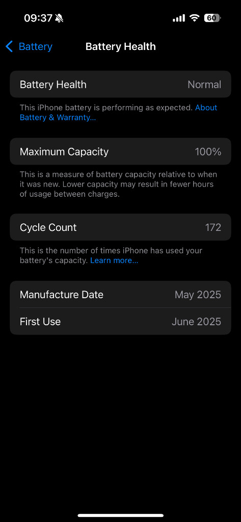 아이폰16 / 256기가 / 배터리 100 / 현재 사이클 172--9