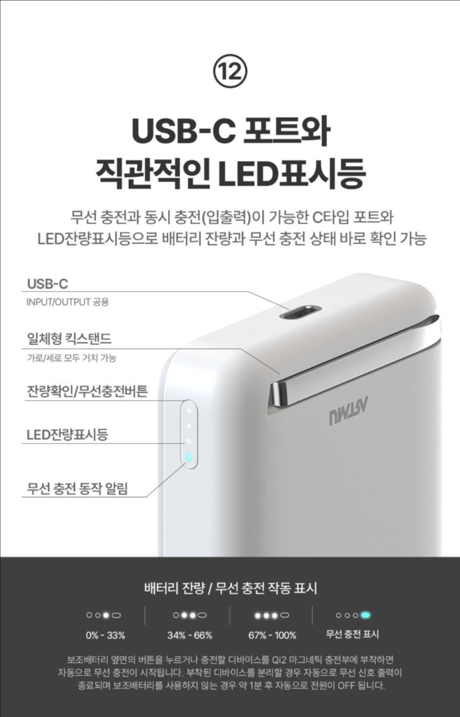 아트뮤 Qi2 맥세이프 무선 보조배터리 10000mAh QB110 미개봉 (화이트)--5