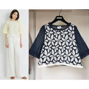 LANVIN 랑방 플라워 기퓌르레이스 디테일 아사면 크롭 블라우스