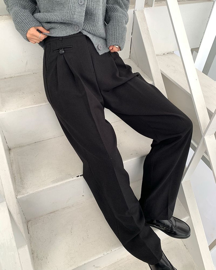 데일리쥬 made 텔츠 핀턱 와이드 슬랙스 검정--1