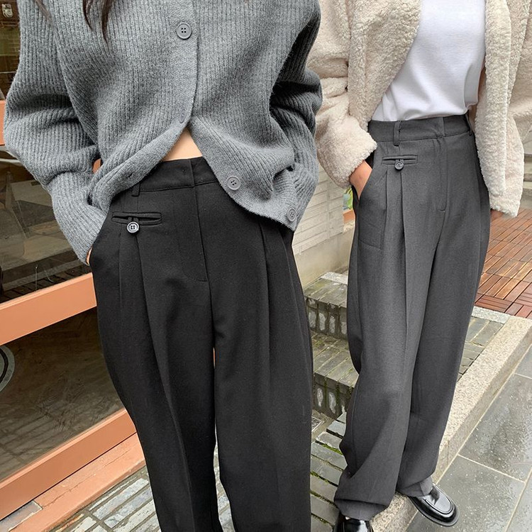 데일리쥬 made 텔츠 핀턱 와이드 슬랙스 검정--2