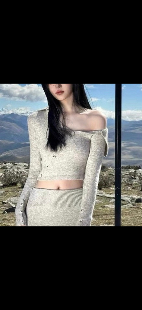 오프숄더 니트 가디건 스커트 세트 봄가을니트셋업--0