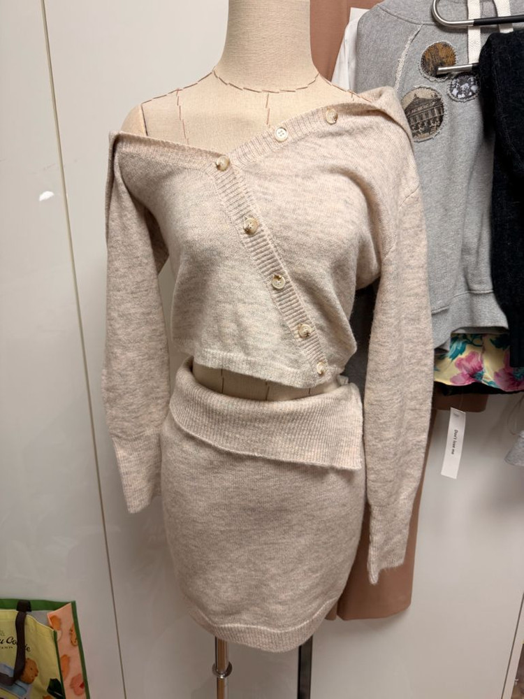 오프숄더 니트 가디건 스커트 세트 봄가을니트셋업--4