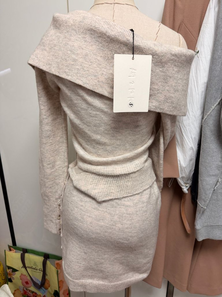 오프숄더 니트 가디건 스커트 세트 봄가을니트셋업--5