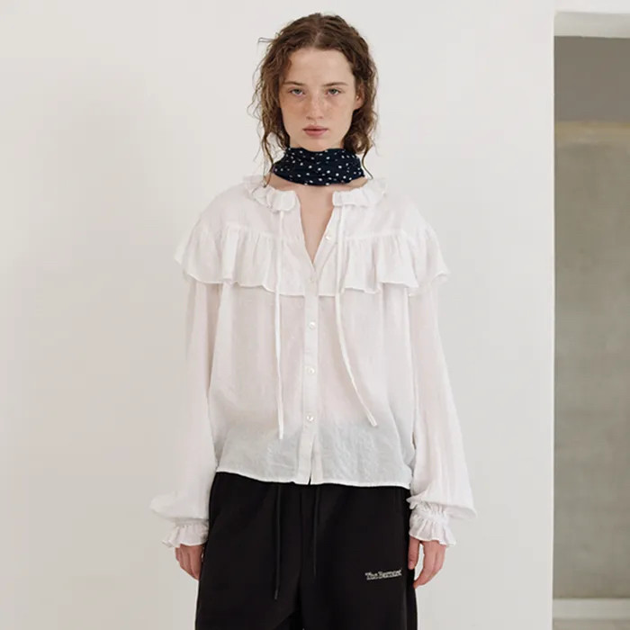 더바넷 Panele Check Ruffled Blouse_Ivory 블라우스--1