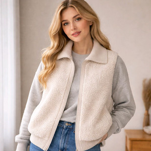 룸나인 ROOM9 아이보리 뽀글이 니트카라 집업베스트조끼 밑단시보리 66