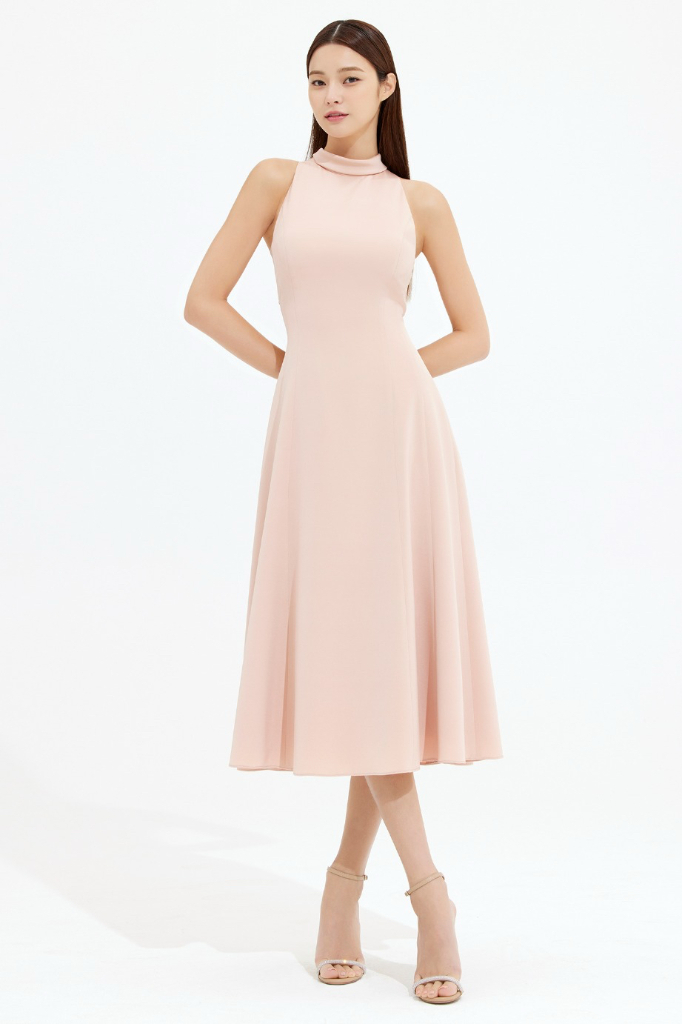 아보아보 실크 타이 핑크 홀터넥 플레어 원피스 예복셀프웨딩브라이걸샤워--4