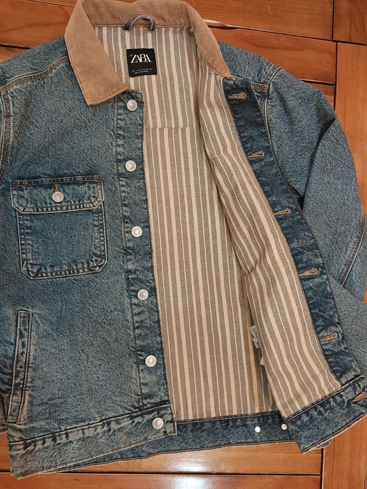 자라 zara 코듀로이 카라 데님 워크 자켓 빈티지 워싱 중청데님 100사이즈--6