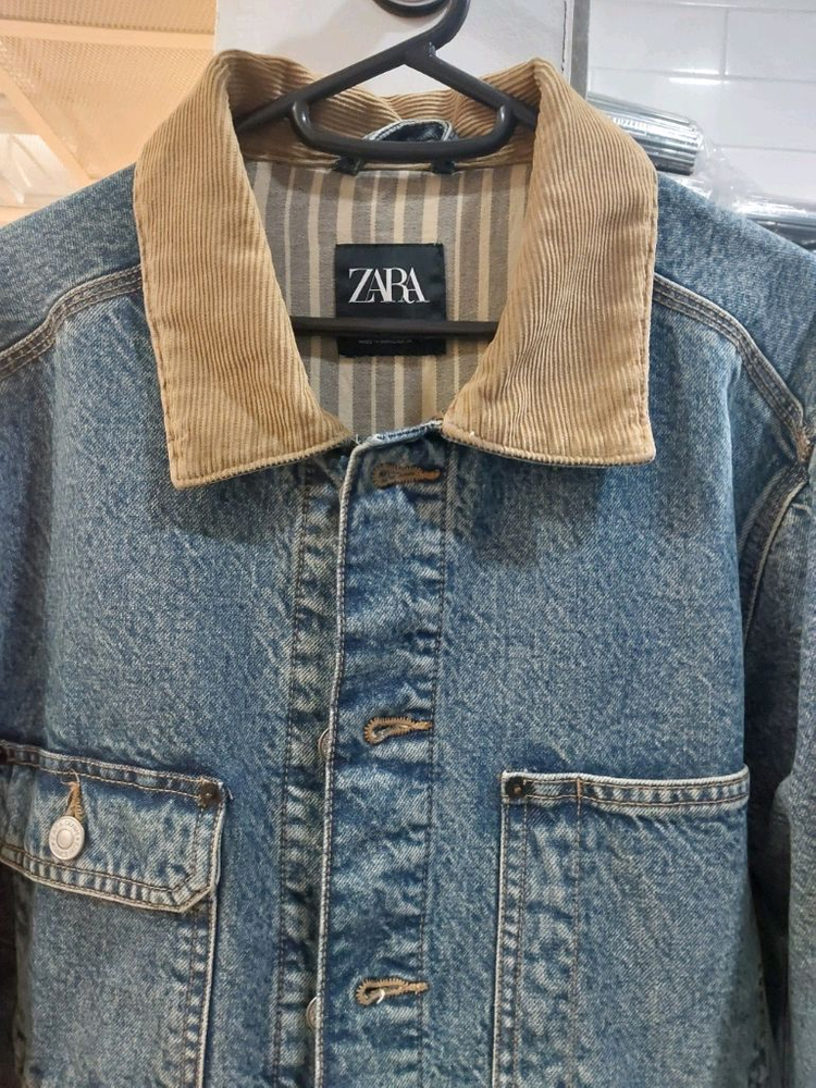 자라 zara 코듀로이 카라 데님 워크 자켓 빈티지 워싱 중청데님 100사이즈--8