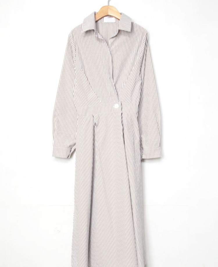 새상품) 스트라이프 랩 셔츠 플레어 롱원피스--4