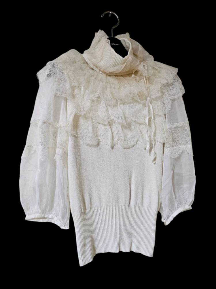 아이보리 레이스 시스루 니트 블라우스 / 하이넥 러플 / 퍼프소매--2