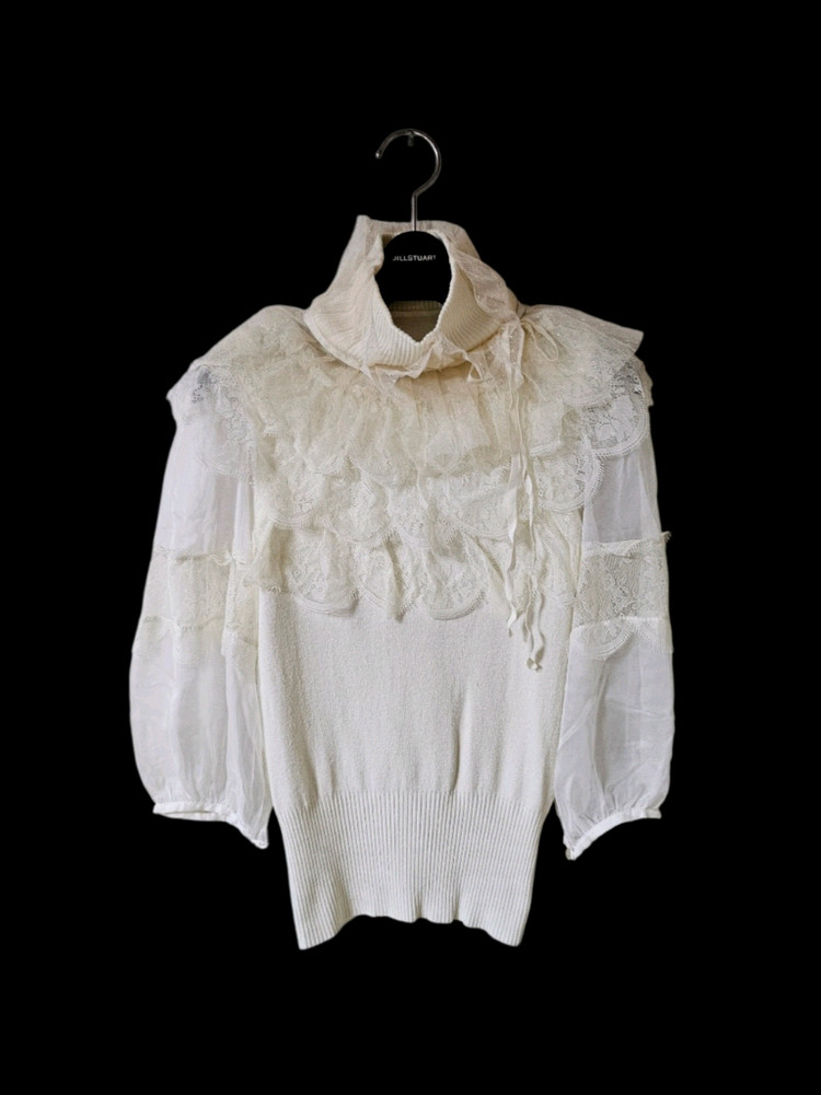 아이보리 레이스 시스루 니트 블라우스 / 하이넥 러플 / 퍼프소매--4