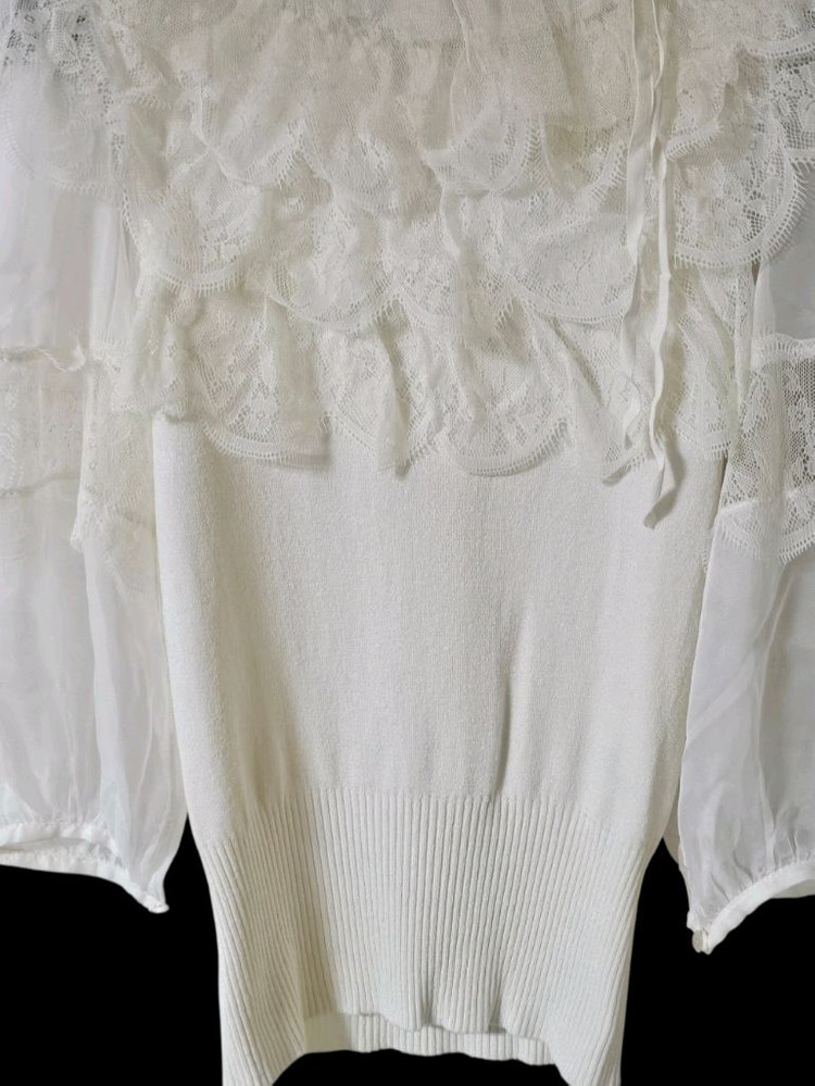 아이보리 레이스 시스루 니트 블라우스 / 하이넥 러플 / 퍼프소매--8