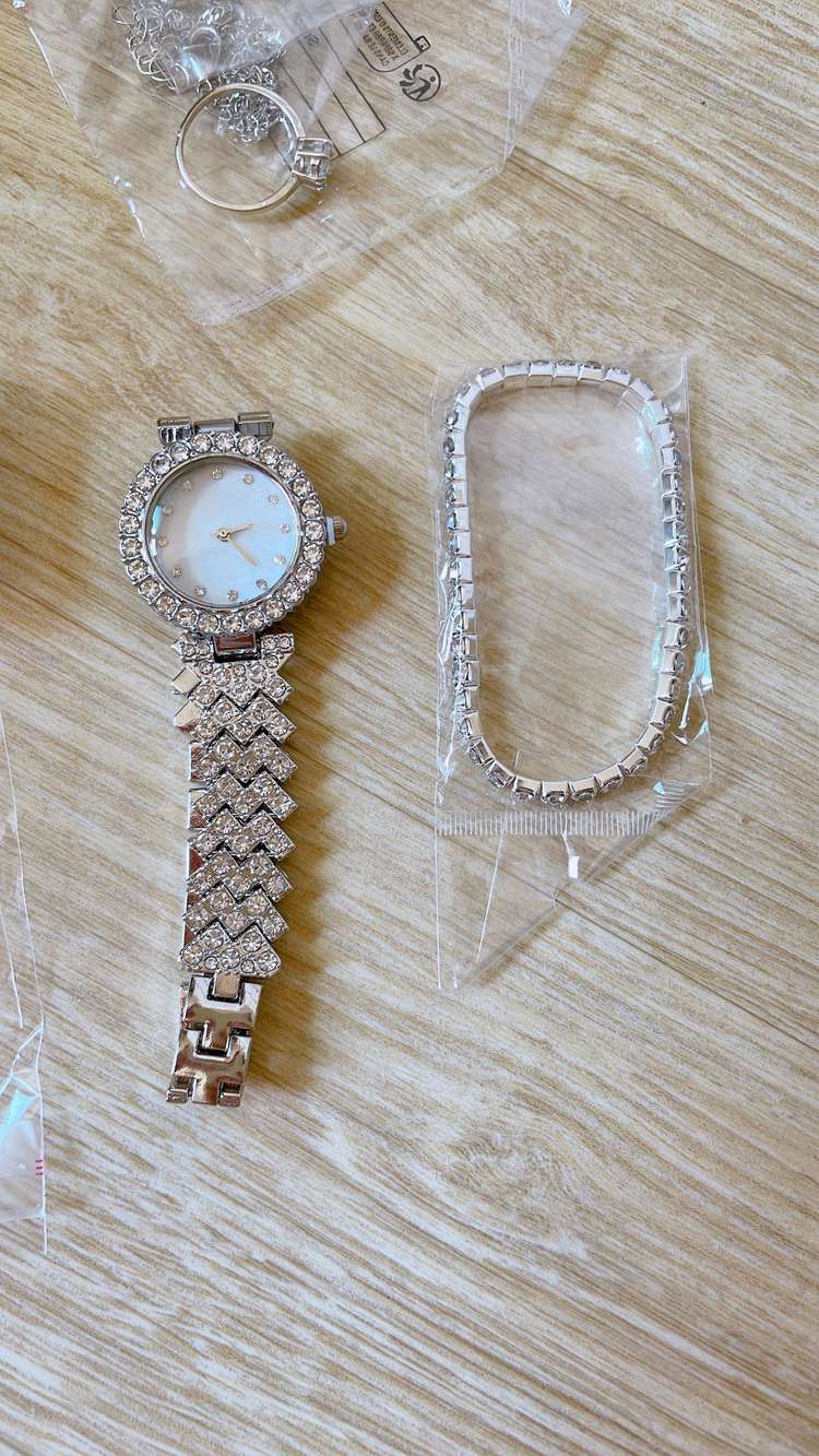 [새상품] 보석시계 테니스 팔찌 목걸이 귀걸이 반지 세트--5