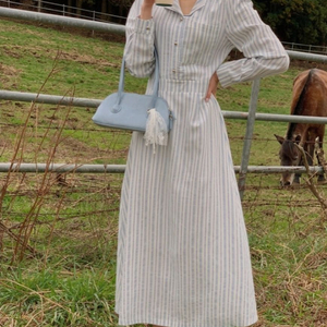 새상품) 콩단추 스트라이프 셔츠 롱원피스/ 플레어 셔츠