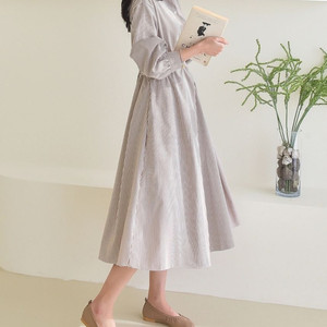 새상품) 탄탄한 스트라이프 셔츠 롱원피스 주머니o