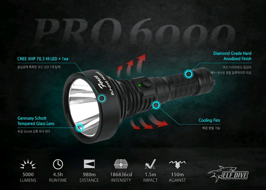 엘프다이브 PRO 6000 다이빙랜턴 해루질랜턴 수중랜턴 이미지