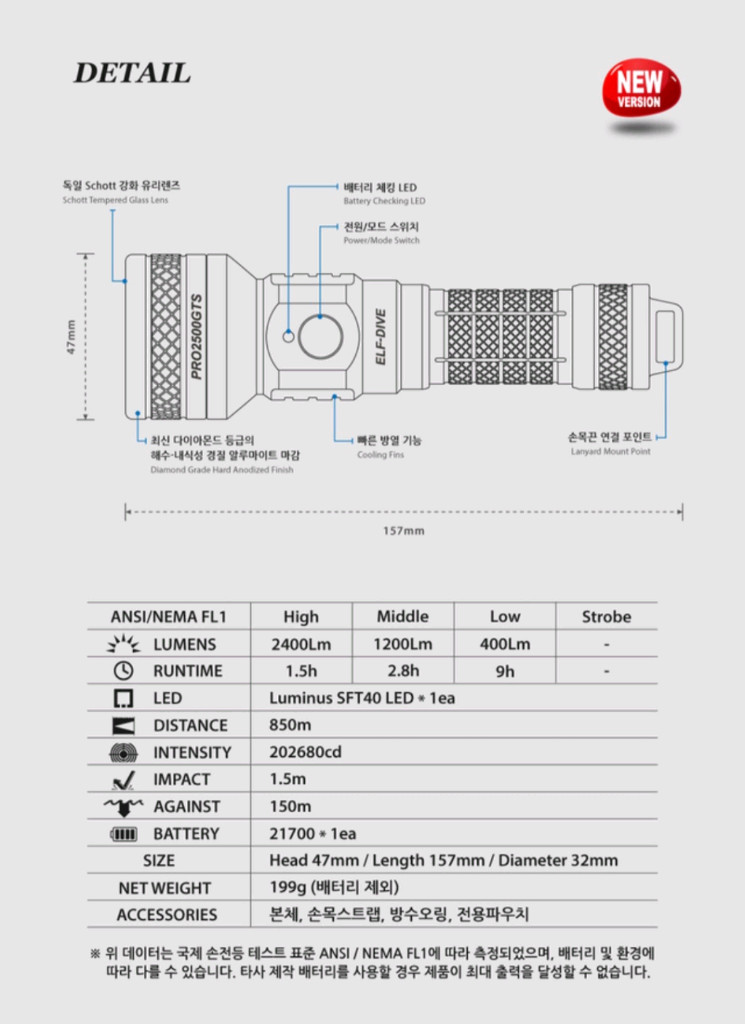 엘프다이브 PRO2500GTS 다이빙랜턴 해루질랜턴 수중랜턴 이미지