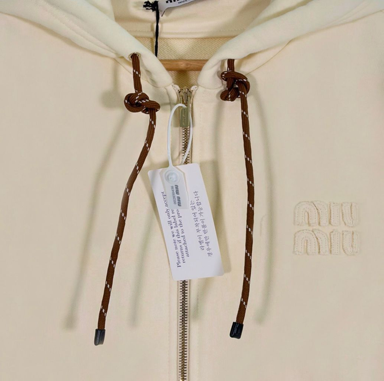 [M] 미우미우 여성 코튼 로고 플리스 지퍼 후드 집업 자켓 내츄럴 크림--3