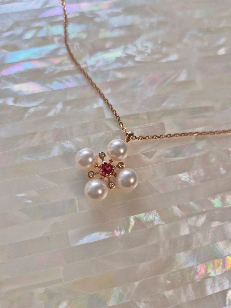 14k 아코야진주 핑크사파이어 목걸이 핑크골드--1