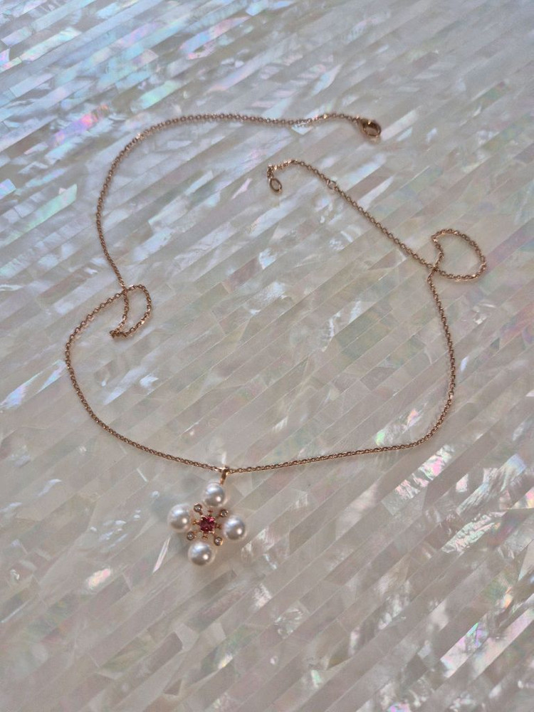 14k 아코야진주 핑크사파이어 목걸이 핑크골드--2