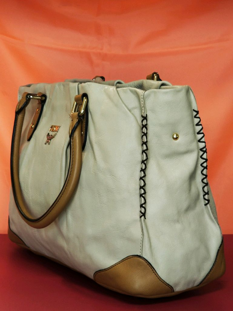 MCM 아이보리 & 브라운 토트백--2