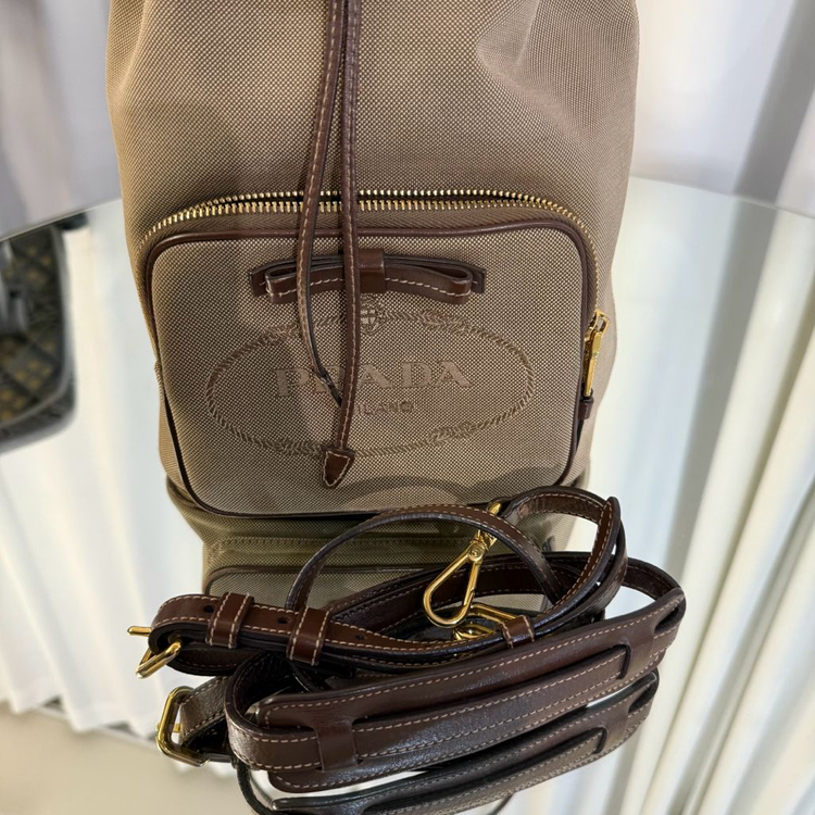 프라다 밀라노 패브릭 버킷백 브라운--6