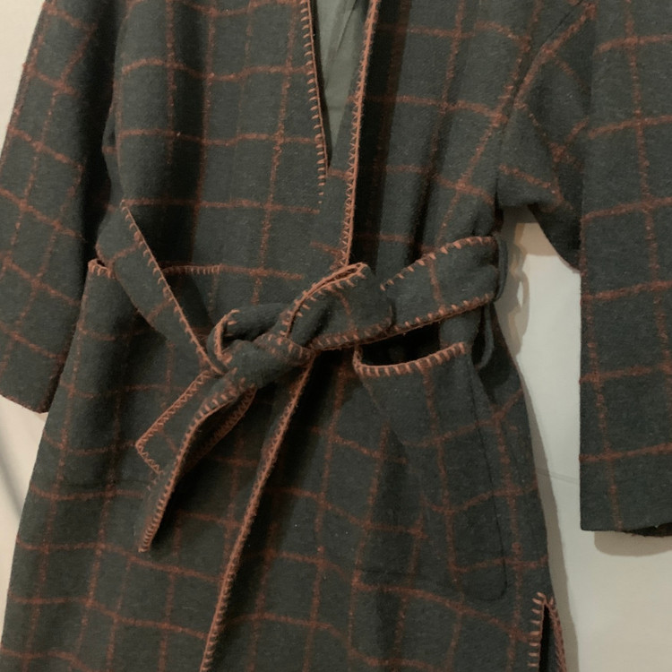 36 럭키슈에뜨 벨티드 오픈 울 모직 체크 롱코트--4