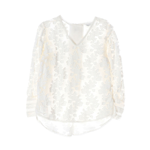TIME 타임 화이트 플로럴 레이스 브이넥 긴팔 블라우스