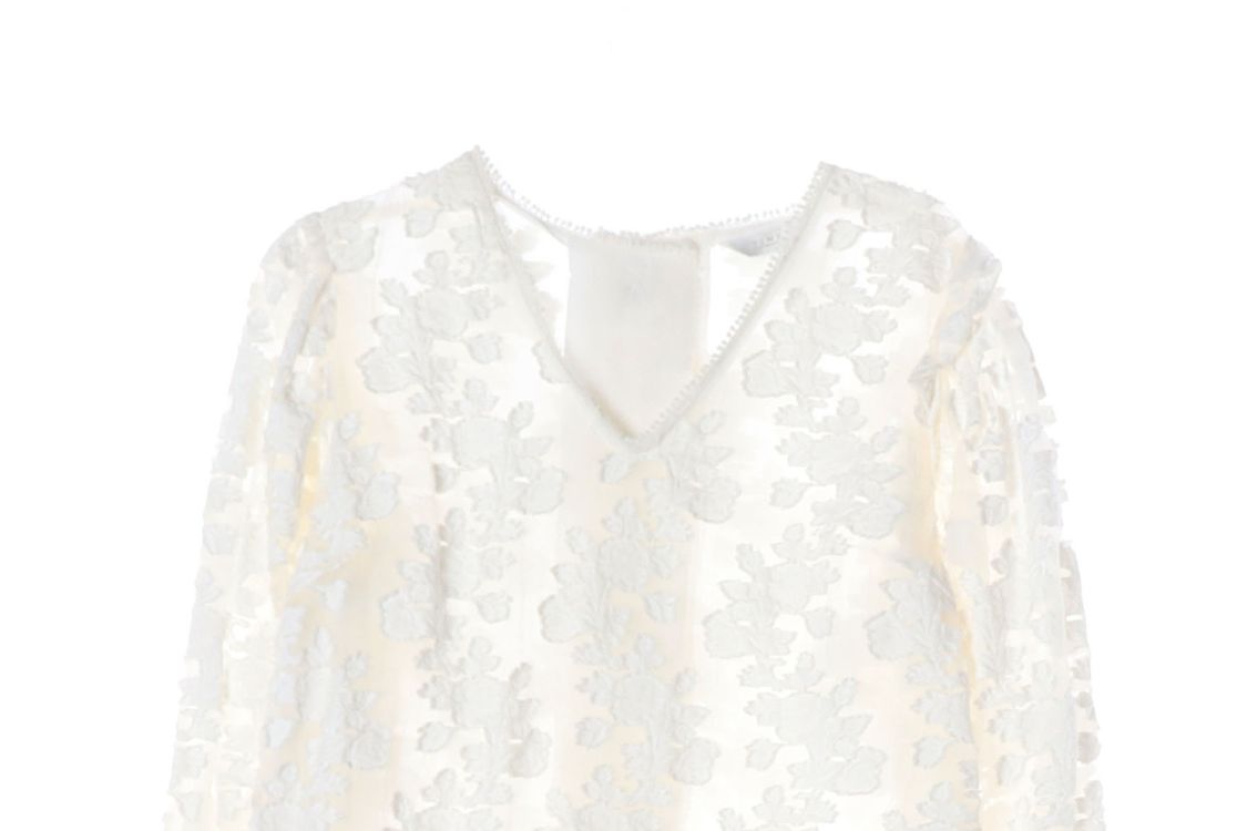 TIME 타임 화이트 플로럴 레이스 브이넥 긴팔 블라우스--2