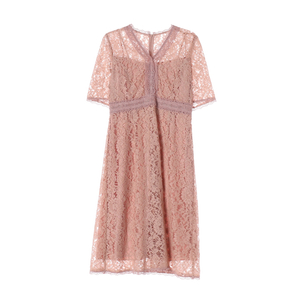 JIGOTT 지고트 핑크 레이스 브이넥 반팔 롱 원피스 하객룩 드레스