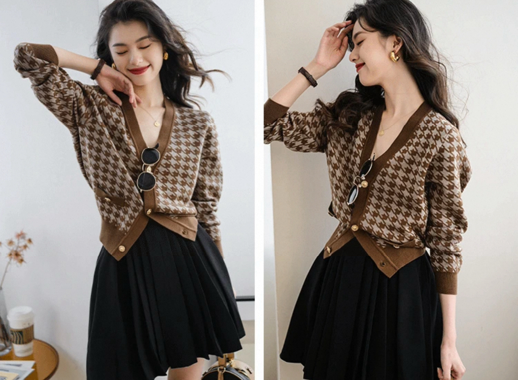 브라운 하운드 체크 가디건--1