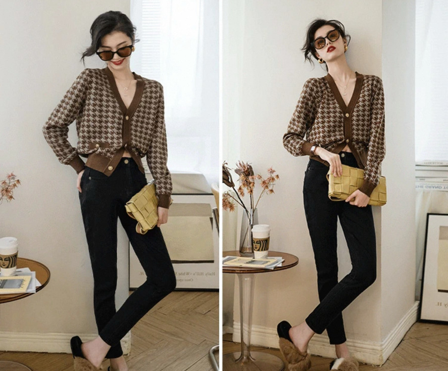 브라운 하운드 체크 가디건--2