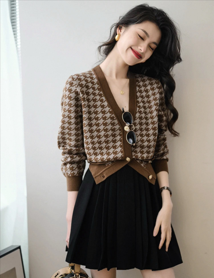 브라운 하운드 체크 가디건--3