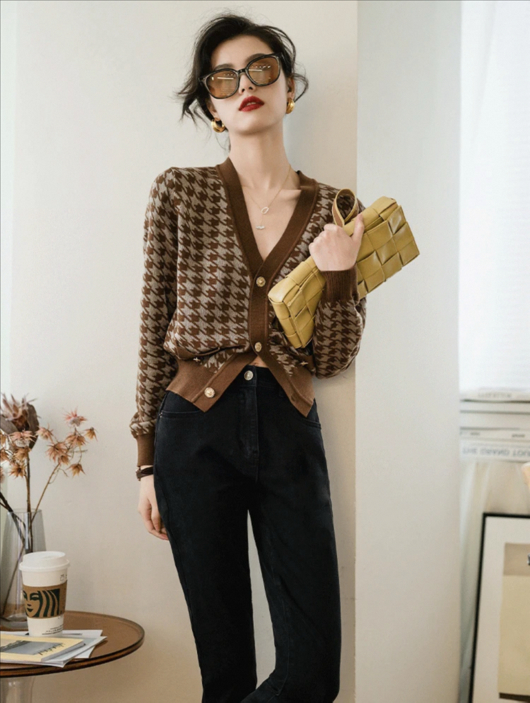 브라운 하운드 체크 가디건--4