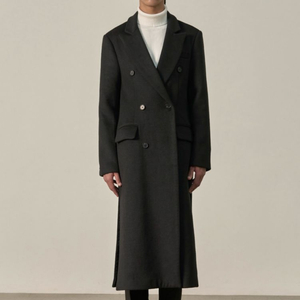 효지 엑스트라 롱 더블 트임 코트 BLACK