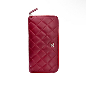 샤넬 여성 CC로고 은장 램스킨 레더 지퍼 장지갑 레드