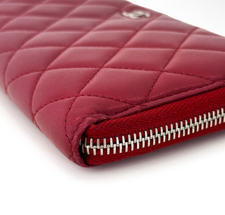 샤넬 여성 CC로고 은장 램스킨 레더 지퍼 장지갑 레드--4
