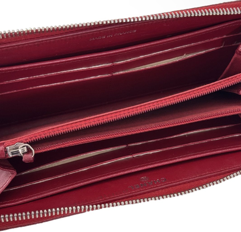 샤넬 여성 CC로고 은장 램스킨 레더 지퍼 장지갑 레드--7