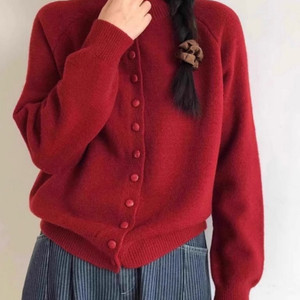 (F) 하이넥 단추 니트 가디건 한번 착용