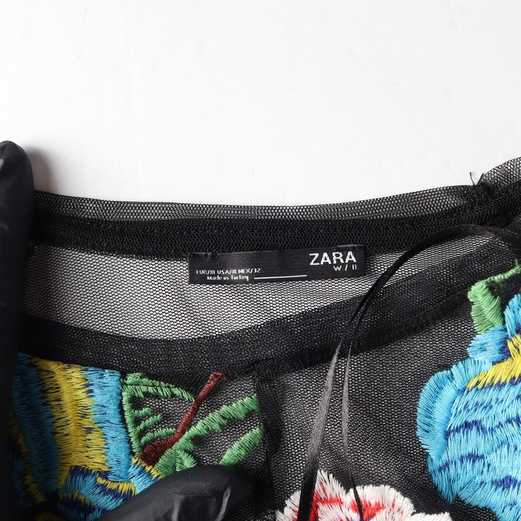 ZARA 자라 블랙 쉬어 메쉬 시스루 플라워자수 반팔 티셔츠 XL 이미지